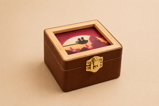 Caja musical  madera + cuero genuino
